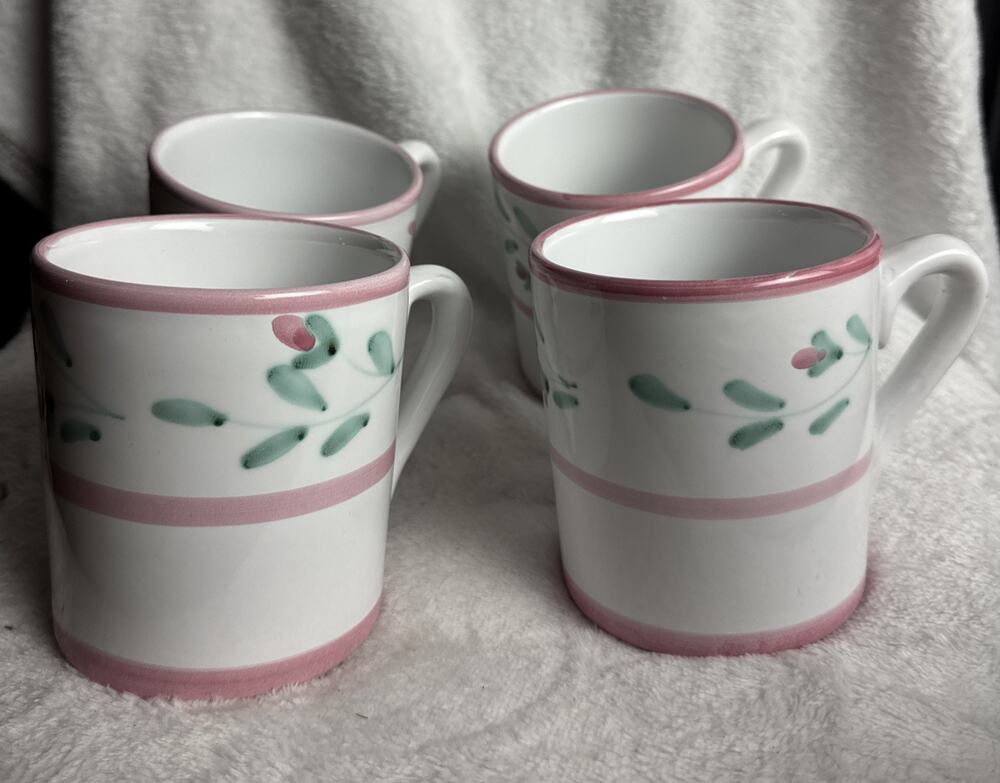 Caleca Pink Garland Set Of 4 Mugs Coffee Cups Hand Painted In Italy Pink Trim 4’